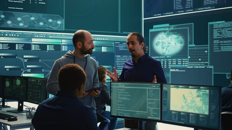 Network operations team reviewing monitoring systems
